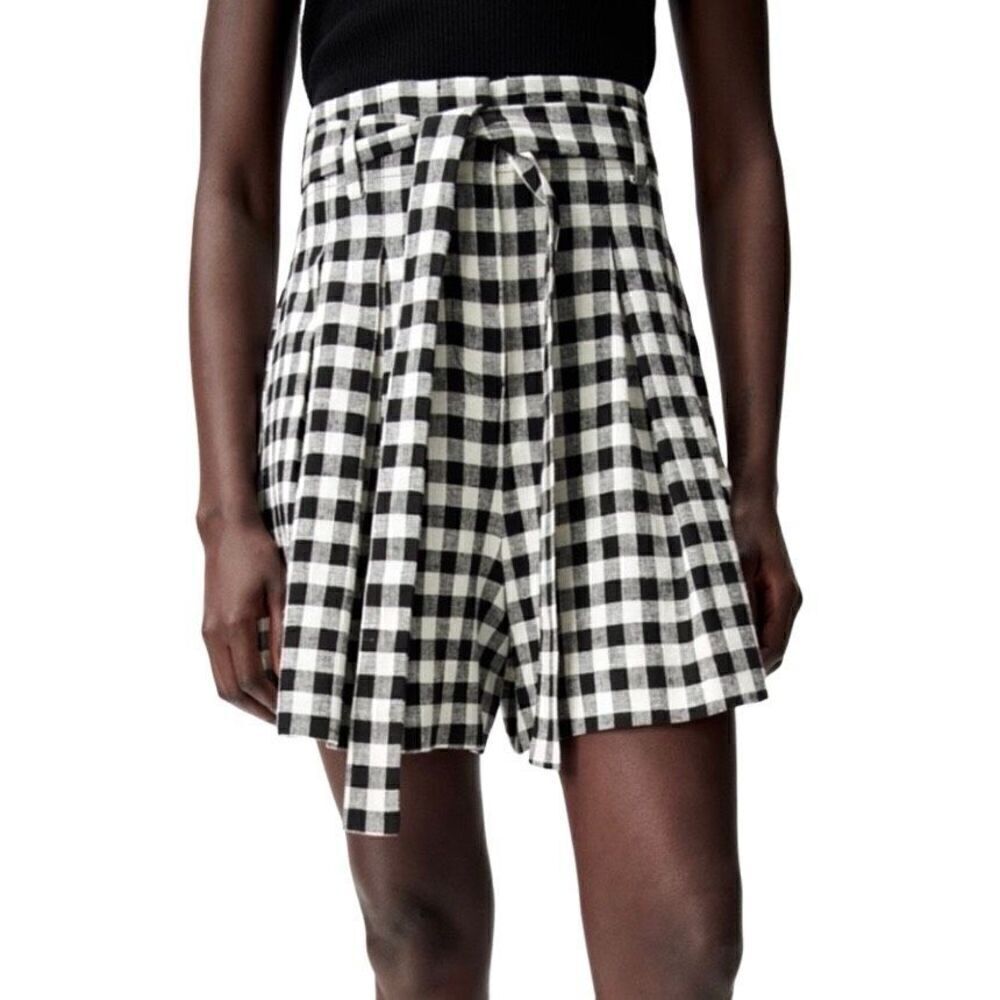 Zara Black & White Check Linen Blend‎ Paper Bag Tie Waist Shorts Medium NWT - Picture 8 of 10
